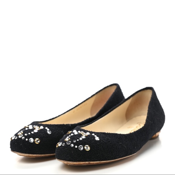 CHANEL, Shoes, Chanel Tweed Boucle Crystal Ballerina Flats 385 Resort  Cruise